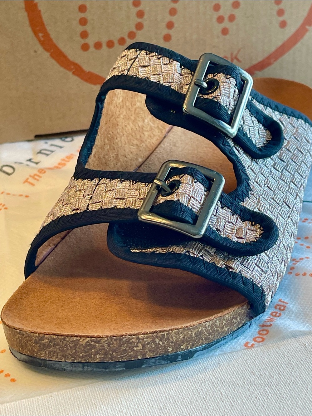 NIB BERNIE MEV SUNSET NUDE METALLIC SLIDE SANDAL WOVEN ADJUSTABLE VELCRO STRAPS - Picture 3 of 14